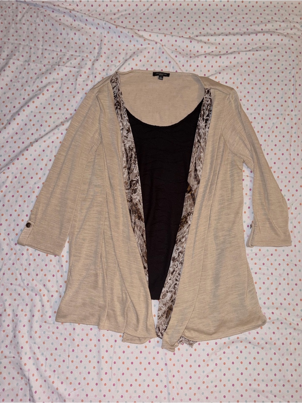 Notations Women’s 1X Beige Open Front Cardigan Layered Animal Print Top